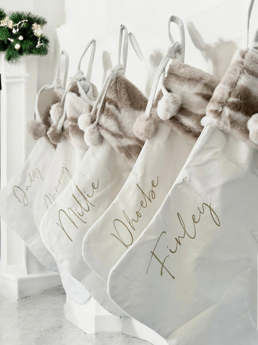 Fluffy Pom Pom Velvet White & Beige Stocking